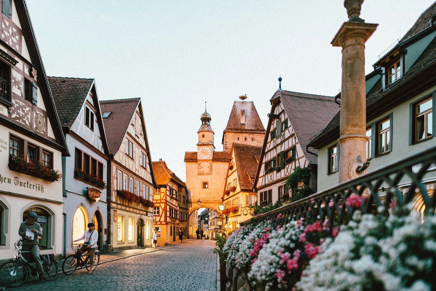 Traditional European buildings on a walkable street